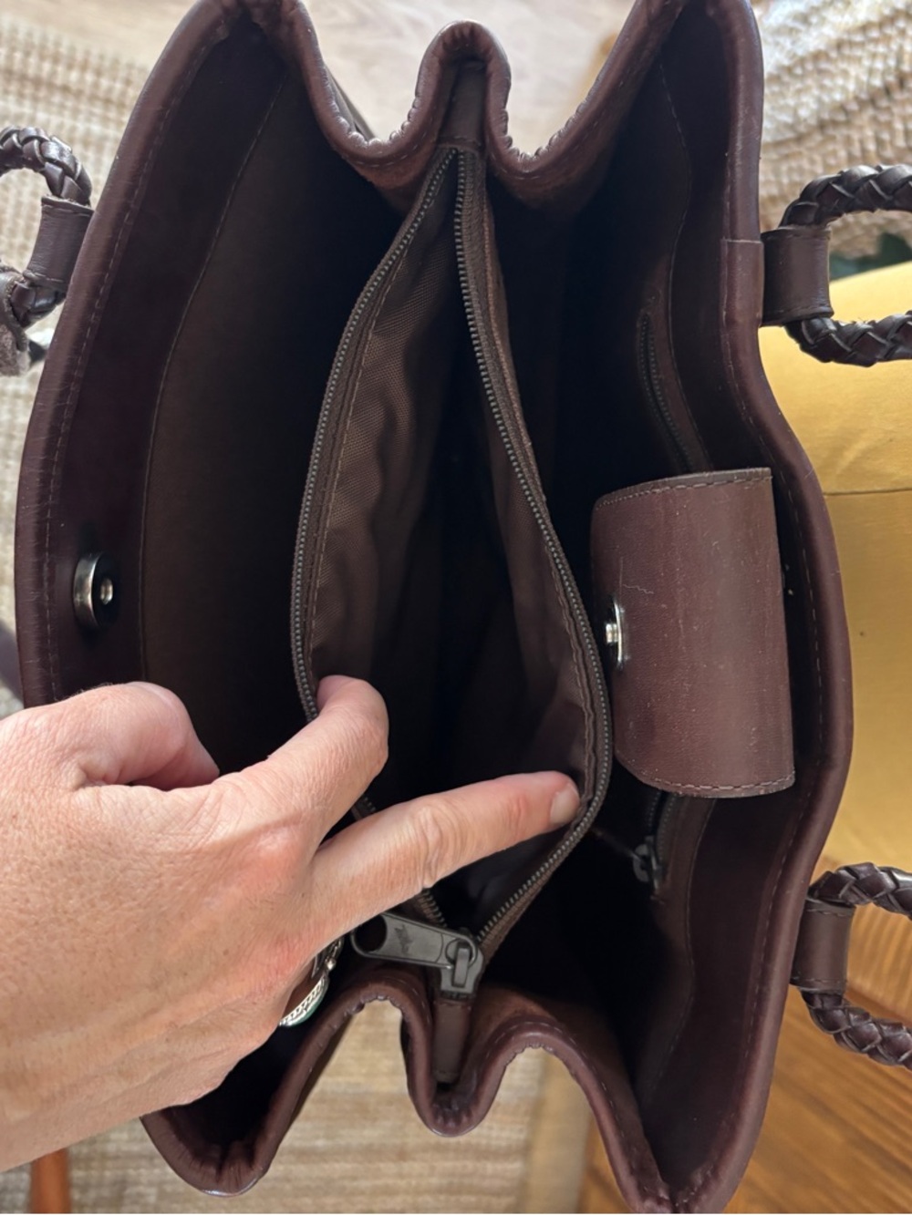 Dark Brown Brighton Woven Leather Tote Bag with Braided Handles & Heart Charm - Picture 11 of 15